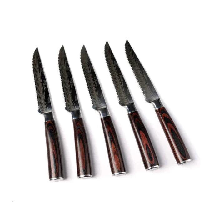  SENKEN Professional Steak Knife Set with Damascus Pattern -  Razor Sharp Serrated Stainless Steel & Wood Handle (Steak Knives Set of 6):  Home & Kitchen