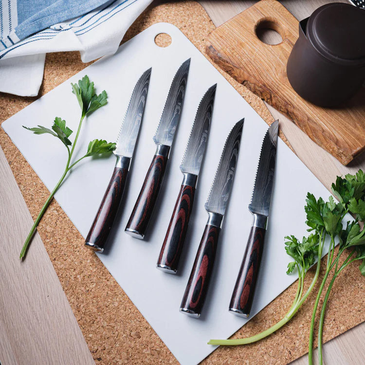Table Steak Knife Set 6 Pcs Unique Handles Sharp Edge Damascus
